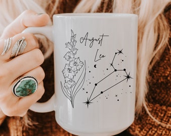 Personalize Birth Flower Mug August Leo Birth Month Gladiolus Leo Zodiac Mug Custom Birthday Present for Her Mothers Day Celestial Mug