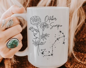 October Scorpio Birth Month Flower Marigold Scorpio Zodiac Mug Birthday Gift for Her Mothers Day Gift Celestial Floral Mug