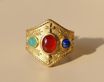 Anillo bizantino "Teodora" - Acero inoxidable bañado en oro de 18 quilates - Lapislázuli, cornalina y aventurina
