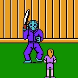 May include: 8-bit pixel art depicting a scene with a masked figure in purple holding a machete, facing a smaller figure in purple. The background features a wooden fence and green ground, reminiscent of a classic video game.