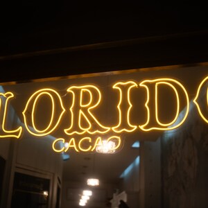 Puede incluir: Un letrero de ne&oacute;n amarillo brillante con la palabra "FLORIDO" en letras grandes y "CACAO" debajo. El letrero est&aacute; sobre una entrada de tienda, con reflejos en el cristal.