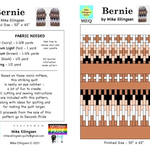 Puede incluir: Un patrón de acolchado llamado "Bernie" de Mike Ellingsen. El patrón presenta un diseño geométrico con cuadrados de color marfil, marrón y negro. El tamaño del acolchado terminado es de 50 pulgadas por 65 pulgadas. El patrón incluye instrucciones para cortar y coser, así como ideas para acolchar y hacer el acolchado más grande. Todas las ganancias de la venta de este patrón van a Decorah Pride.