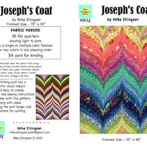 Pode incluir: Um padrão de colcha colorido intitulado "Joseph's Coat" de Mike Ellingsen. O tamanho final é de 178 cm x 229 cm. O padrão requer 30 fat quarters em várias cores. A amostra usa cores como vermelho, amarelo, verde e azul. Instruções incluídas.