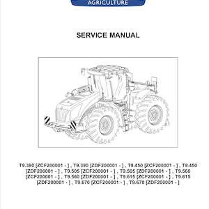 Puede incluir: Un manual de servicio para New Holland Agriculture, con un dibujo lineal detallado de un tractor. El título del manual y el logotipo de la marca están en la parte superior. La parte inferior enumera los números de modelo del tractor.