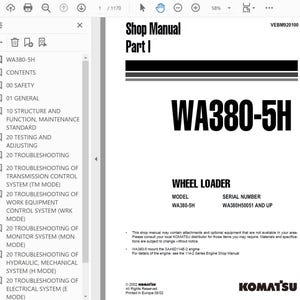 May include: A white shop manual titled "Shop Manual Part I" with the model "WA380-5H" and serial number "WA380H50051 AND UP". The manual includes sections on safety, general information, and troubleshooting.