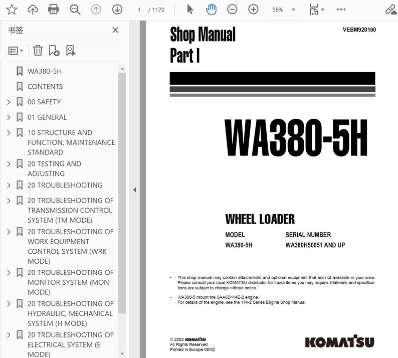 May include: A white shop manual titled "Shop Manual Part I" with the model "WA380-5H" and serial number "WA380H50051 AND UP". The manual includes sections on safety, general information, and troubleshooting.