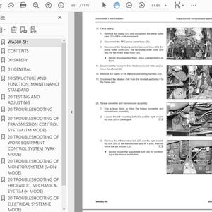 May include: A page from a manual titled "WA380-5H" with diagrams and text detailing disassembly and assembly procedures. The manual includes sections on pump piping and torque converter assembly.
