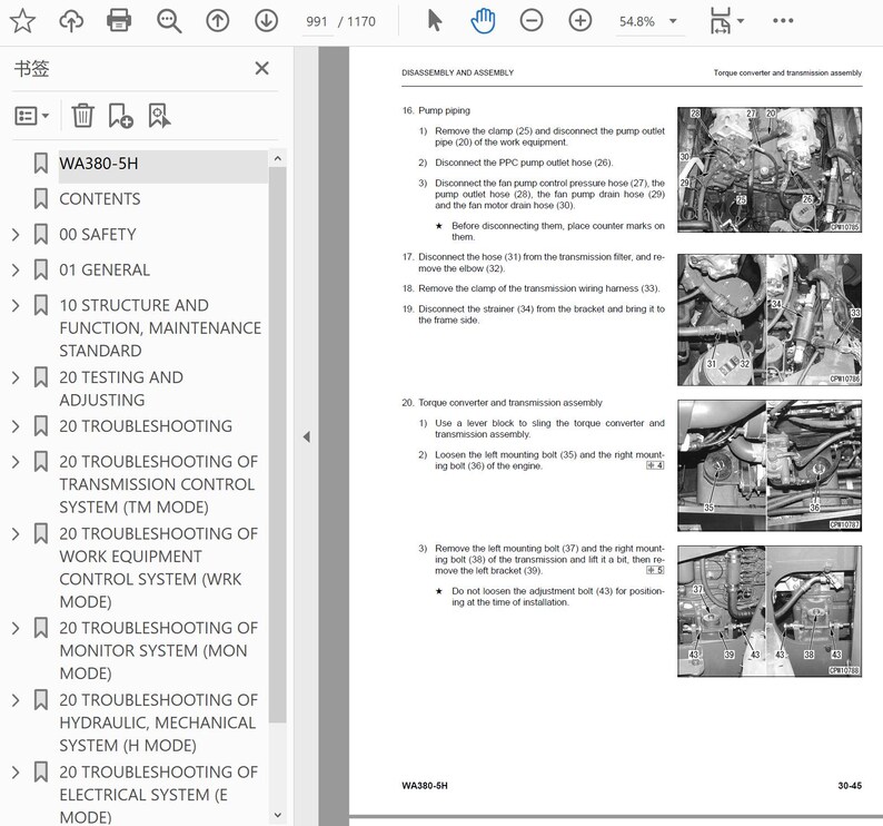 May include: A page from a manual titled "WA380-5H" with diagrams and text detailing disassembly and assembly procedures. The manual includes sections on pump piping and torque converter assembly.