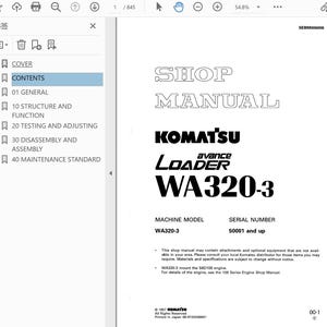 May include: A shop manual page featuring the title "SHOP MANUAL" in outlined text. The "KOMATSU" logo is above "avance LOADER WA320-3". The page includes a table of contents and machine specifications, with text in black on a white background.