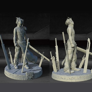 May include: A gray 3D printed figurine of a character holding a sword. The figurine is standing on a circular base with a Japanese symbol on it. The character is surrounded by several swords.
