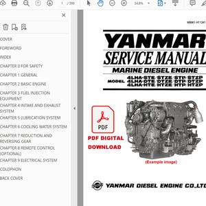 Puede incluir: Un manual de servicio digital para motores diésel marinos Yanmar, modelos 4LHA-STE, STZE, STP, STZP, 4LHA-DTE, DTZE, DTP, DTZP y 4LHA-HTE, HTZE, HTP, HTZP. La portada incluye el logotipo de Yanmar, el texto del modelo y una imagen del motor.