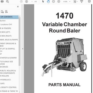 May include: A parts manual for a Gehl 1470 Variable Chamber Round Baler. The cover features a detailed illustration of the agricultural machine, with the model number prominently displayed. The manual's title and the Gehl Agriculture logo are also visible.