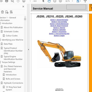 Może przedstawiać: Okładka instrukcji serwisowej JCB z żółtą koparką gąsienicową. Tekst zawiera Service Manual, JS200, JS210, JS220, JS240, JS260 oraz listę sekcji od 1 do K. Dokument zawiera pasek boczny z zakładkami oraz numer publikacji 9803/6510-03.