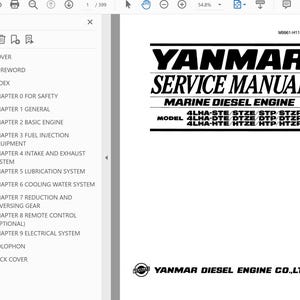Puede incluir: Una portada de manual blanca con el título "YANMAR SERVICE MANUAL" en letras negras en negrita. El manual es para un motor diésel marino, con los números de modelo enumerados debajo del título. El logotipo de Yanmar Diesel Engine Co., Ltd. está en la parte inferior.