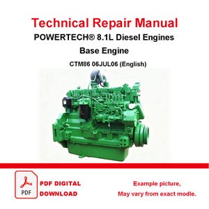 Może przedstawiać: Techniczna instrukcja naprawy silników wysokoprężnych POWERTECH 8.1L Base Engine CTM86 06JUL06 English. Dokument przedstawia zielony przemysłowy silnik diesla z różnymi elementami mechanicznymi, przewodami paliwowymi i czarnym filtrem, dostępny jako plik PDF do pobrania.