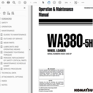 May include: A white document titled "Operation & Maintenance Manual" with the model number WA380-5H for a wheel loader. The document includes safety warnings and maintenance instructions. The Komatsu logo is visible.