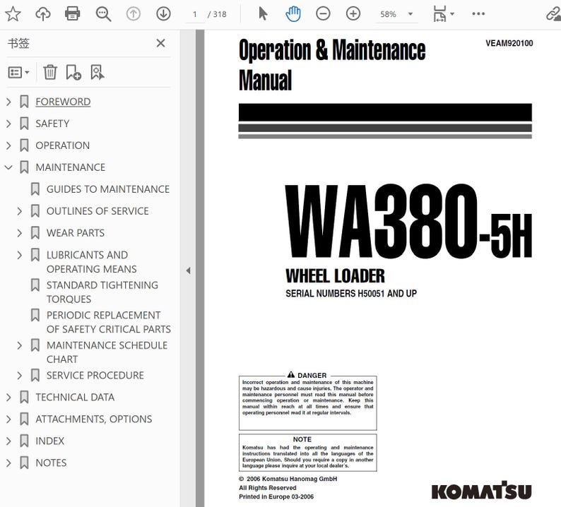 May include: A white document titled "Operation & Maintenance Manual" with the model number WA380-5H for a wheel loader. The document includes safety warnings and maintenance instructions. The Komatsu logo is visible.