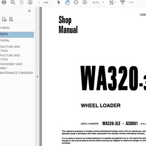 May include: A page from a shop manual for a WA320-3 wheel loader. The manual's title, "Shop Manual," is at the top, with the model number "WA320-3" prominently displayed. The document includes a table of contents and technical information.