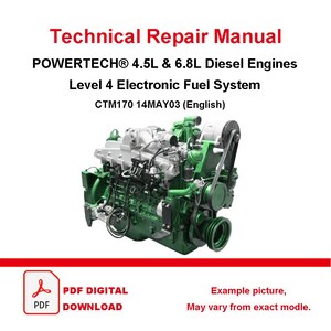 Puede incluir: Manual de reparación técnica para motores diésel POWERTECH 4.5L y 6.8L, sistema de combustible electrónico de nivel 4, CTM170 14MAY03. El documento muestra un motor diésel industrial verde y plateado con sistema de correa y componentes.