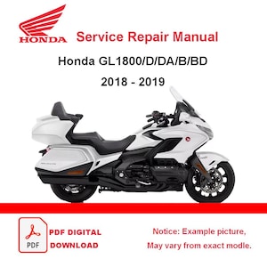 Pode incluir: Um manual de reparação e serviço para a motocicleta Honda GL1800/D/DA/B/BD de 2018-2019. O documento apresenta o logótipo da Honda, o texto Service Repair Manual, um ícone de download digital PDF e um aviso sobre a imagem de exemplo.