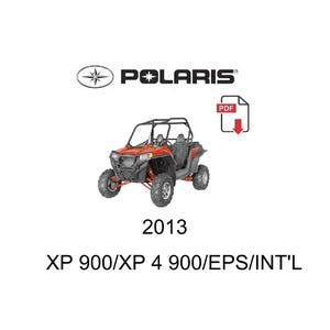 May include: An orange and black Polaris XP 900/XP 4 900/EPS/INT'L off-road vehicle. The image includes the Polaris logo, a PDF icon, and the year 2013. The vehicle has large tires and a roll cage.