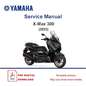 Op de afbeelding: Een Yamaha X-Max 300 2023 onderhoudshandleiding met een donkergroene scooter met bronzen wielen, een hoog windscherm en zwarte carrosseriepanelen. De tekst luidt Yamaha Service Manual X-Max 300 (2023) en PDF Digital Download met een rood PDF-icoon.