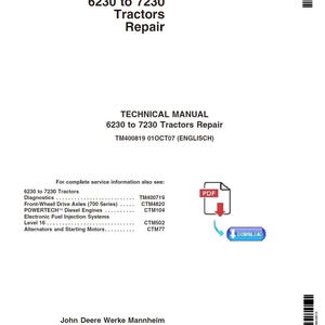 Manual técnico de reparación de tractores John Deere 6230, 6330, 6430, 7130 y 7230 - TM400819 (PDF)