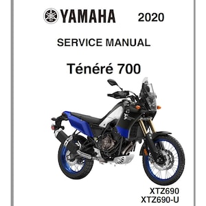 以下が含まれることがあります： 2020年ヤマハTénéré 700オートバイのサービスマニュアル。表紙にはヤマハのロゴ、モデル名、オートバイの詳細な画像が掲載されています。モデル番号XTZ690とXTZ690-Uも表示されています。