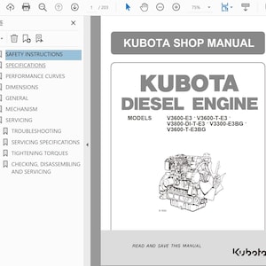 Kubota Diesel Engine V3600 V3800 V3300 T E3 Workshop Service Repair Manual PDF Download-English Language