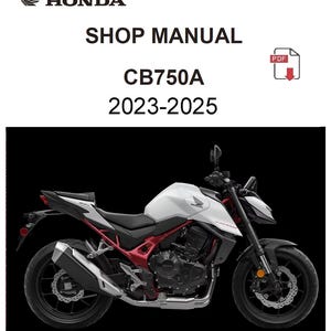 Può includere: Una moto Honda CB750A bianca e rossa con ruote nere su sfondo nero. L'immagine include il testo "SHOP MANUAL CB750A 2023-2025" e il logo Honda.