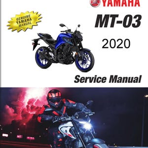 以下が含まれることがあります： ヤマハ MT-03 2020 サービスマニュアル。表紙には、青と黒のオートバイと青いホイールが描かれています。「YAMAHA MT-03 2020 Service Manual」のテキストが表示されています。画像には、オートバイに乗っている人も写っています。