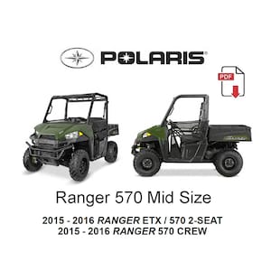 Pode incluir: Dois veículos utilitários verdes Polaris Ranger 570 Mid Size são exibidos. A imagem inclui o logotipo da Polaris e o texto "Ranger 570 Mid Size", bem como os anos e tipos de modelos. Um veículo tem cabine completa, o outro meia cabine.