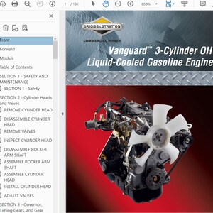 May include: A technical manual cover for Briggs & Stratton Vanguard 3-Cylinder OHV Liquid-Cooled Gasoline Engines. The cover features a large white cooling fan attached to a metallic engine block against a red and grey background with text.