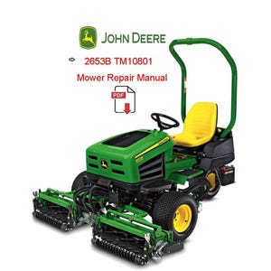 Könnte beinhalten: Ein grüner und gelber John Deere 2653B Rasenmäher mit Reparaturhandbuch. Der Mäher hat einen gelben Sitz, schwarze Reifen und einen grünen Überrollbügel. Der Text "2653B TM10801 Mower Repair Manual PDF" ist sichtbar.