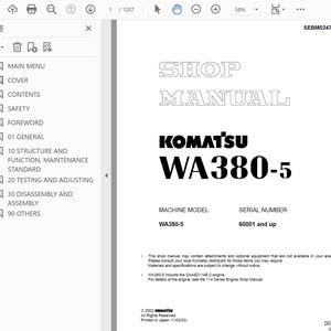 May include: A white shop manual page with the title "SHOP MANUAL" in outlined text. The manual features the "KOMATSU WA380-5" logo in bold black font. Additional text includes machine model, serial number, and copyright information.