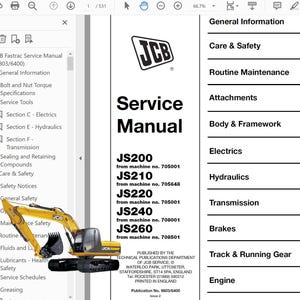 Może przedstawiać: Instrukcja serwisowa JCB dla modeli JS200, JS210, JS220, JS240 i JS260. Dokument ma białe tło z czarnym tekstem, logo JCB oraz grafikę żółto-czarnej koparki. Zawiera spis treści z sekcjami od 1 do 3 oraz od A do K.