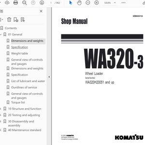 May include: A white shop manual page with the title "Shop Manual" and the text "WA320-3 Wheel Loader". The manual includes sections on dimensions, weights, and specifications. The Komatsu logo is at the bottom.