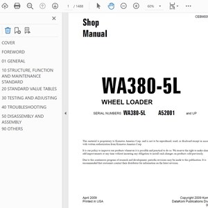 May include: A white Shop Manual with the text "WA380-5L WHEEL LOADER" in bold black font. The manual includes serial numbers and is printed in the USA. The cover includes a table of contents.
