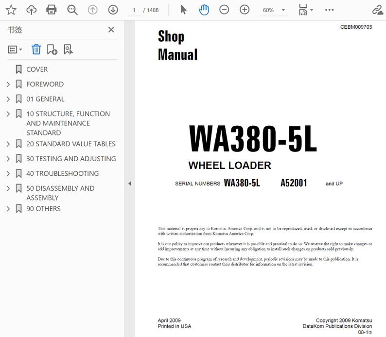May include: A white Shop Manual with the text "WA380-5L WHEEL LOADER" in bold black font. The manual includes serial numbers and is printed in the USA. The cover includes a table of contents.
