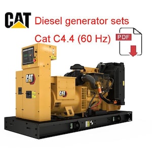 May include: A yellow CAT diesel generator set, model Cat C4.4 (60 Hz), is shown against a white backdrop. The generator has a black base and various mechanical components. The CAT logo is visible in the upper left corner.