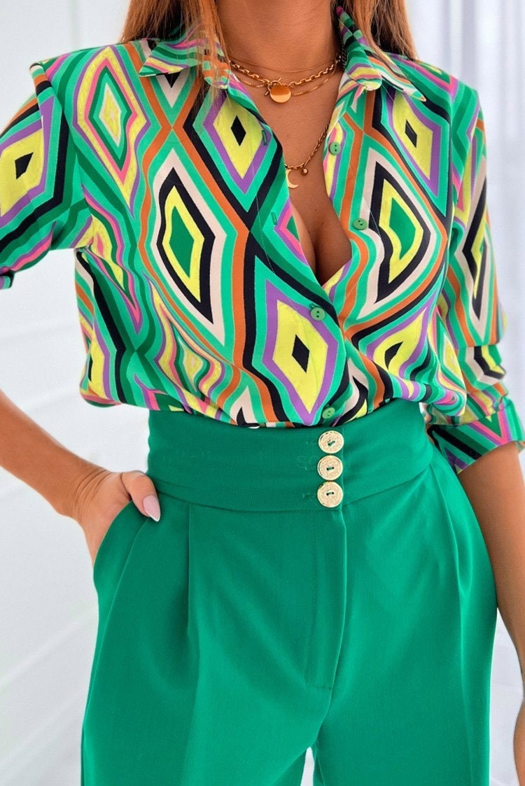 Green Geometric Diamond Printed Long Sleeved Button up Blouse - Etsy