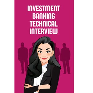 Può includere: Una donna con lunghi capelli neri e un sorriso sicuro di sé si trova davanti a uno sfondo rosa con il testo "INVESTMENT BANKING TECHNICAL INTERVIEW". Indossa una giacca di completo nera e una camicia bianca. Tre sagome maschili si trovano dietro di lei.