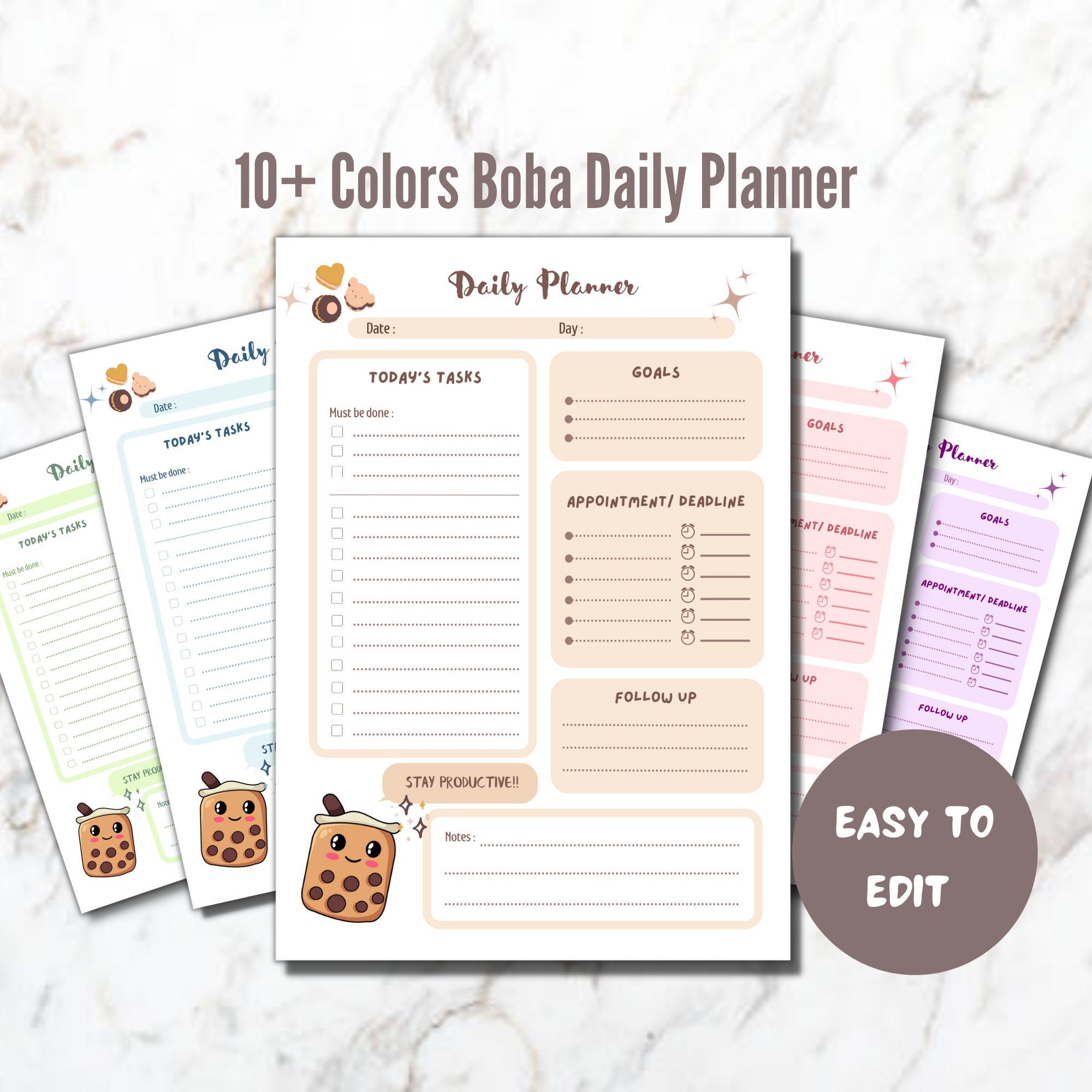 Kawaii Boba Daily Planner | Printable & Editable Goals Tracker, To-do lIst, Reminder | Digital Note Productivity, Follow-ups, Monthly Habit
