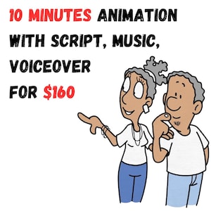 Könnte beinhalten: Eine Cartoon-Illustration eines Paares, das auf einen Text zeigt, der lautet: "10 Minuten Animation mit Drehbuch, Musik, Voiceover für 160 Euro".