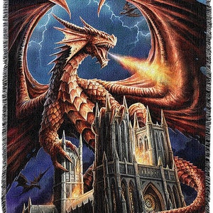 72x54 DRAGON FURY Flames Fire Castle Mythical Fantasy Tapestry Afghan Throw Blanket