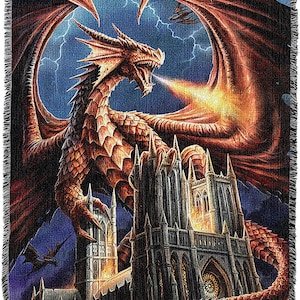 72x54 DRAGON FURY Flames Fire Castle Mythical Fantasy Tapestry Afghan Throw Blanket