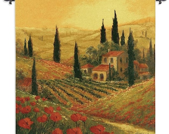 May include: A tapestry depicting a charming Italian countryside scene with a red-roofed house, cypress trees, and a vineyard. The scene is bathed in warm, golden light, with a field of red poppies in the foreground.