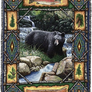 72x54 BLACK BEAR Lodge Fish Wildlife Nature Tapestry Afghan Throw Blanket