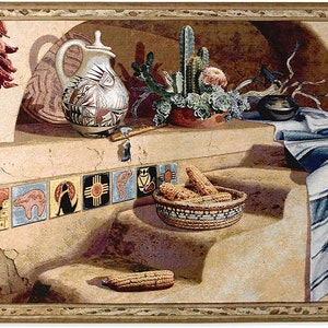 May include: A Southwestern-style tapestry featuring a still life of a ceramic pitcher, a basket of corn, and a cactus plant. The scene is set against a backdrop of a stone wall with a tiled border.