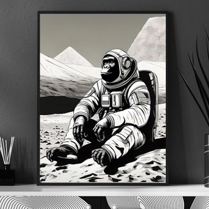 Astronauta gorila imprimible animal arte digital, decoración de la habitación, habitación para niños, arte de la pared descarga digital AI arte, astronauta imprime cartel del planeta Marte